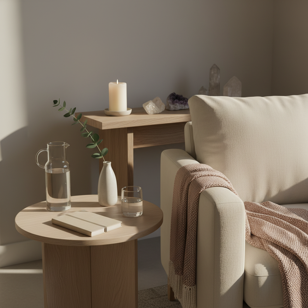 An intimate corner of a holistic therapy studio arranged for women’s energetic care, without any human presence. A round, pale oak side table holds a glass carafe of water, a minimalist sand-colored notebook, and a single sprig of eucalyptus in a slim ceramic vase. Nearby, a plush, cream-toned armchair is draped with a fine, textured wool throw in muted rose. Behind, a low console displays a few carefully placed crystals and an unlit, ivory pillar candle. Diffused afternoon light comes from an unseen window, enveloping the scene in a soft glow and gentle shadows. Photographic realism, composed using the rule of thirds, creates a welcoming, sophisticated mood ideal for an online booking or consultation section.