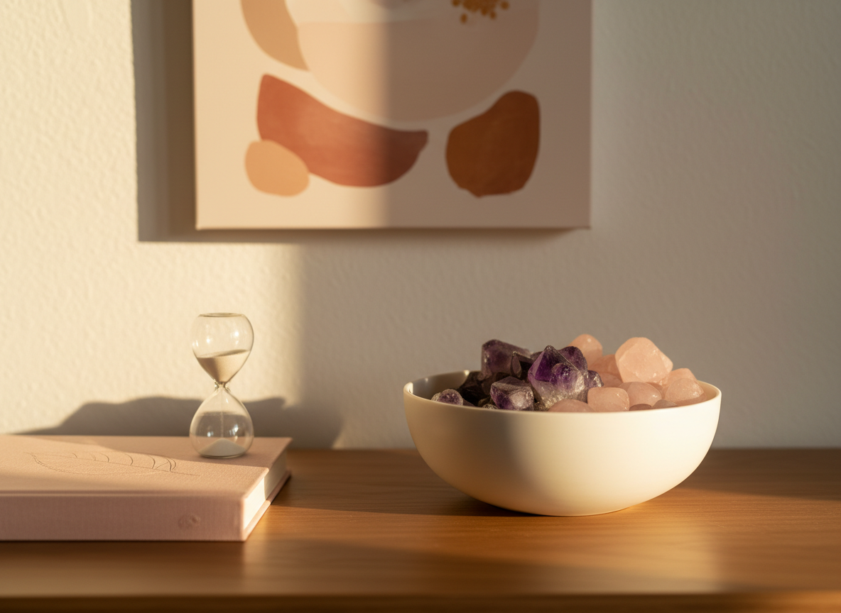A tranquil, woman-centered wellness altar scene rendered in photographic realism, with no figures. On a smooth, warm-toned wooden console rests a large, matte white ceramic bowl holding amethyst and rose quartz, their surfaces catching soft highlights. Beside them, a small, elegant sand timer with pale gold sand and a single, closed botanical illustration book in muted blush tones add sophistication. In the background, a simple abstract artwork in nude and terracotta hues hangs on an ivory wall, slightly out of focus. Late afternoon light streams in from the side, creating tender, elongated shadows and a gentle, golden halo along the edges of the objects. Shot at a slightly elevated angle with a shallow depth of field, the overall atmosphere is serene, grounded, and subtly feminine, ideal for a homepage hero or about section.