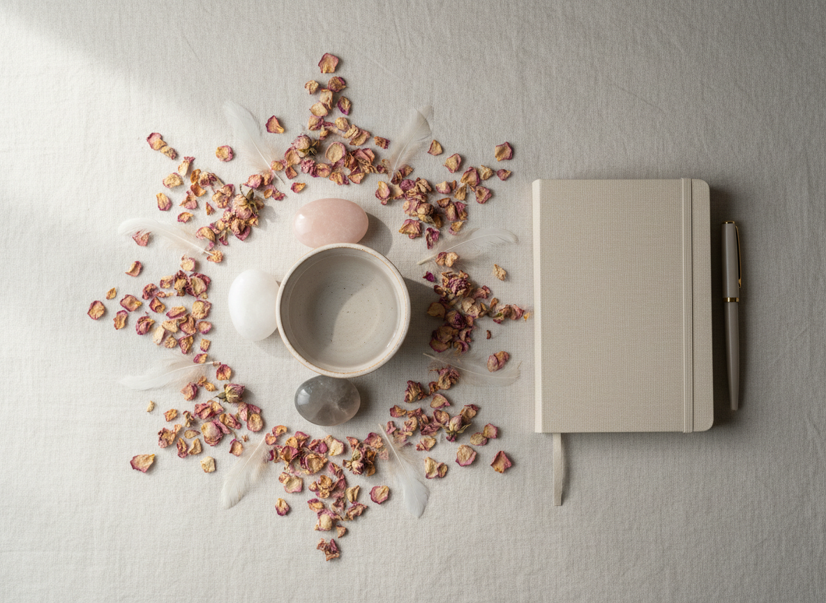 An overhead photographic view of a carefully arranged ritual setup symbolizing energy alignment for feminine well-being, with no people. On a smooth, light linen backdrop lie three polished stones in blush, white, and smoky gray, forming a subtle arc around a small, shallow ceramic bowl filled with clear water. Delicate dried petals and a single feather fan outward, creating an organic mandala shape. A closed, pale beige journal with a fine-grain texture and a slim fountain pen rest to one side, suggesting introspection and gentle care. Natural, indirect daylight from the side creates soft gradients and almost no harsh shadows, enhancing a refined, contemplative mood. The composition is clean and minimalist, with photographic realism and a top-down, flat-lay perspective ideal for illustrating holistic methods and gentle self-care.